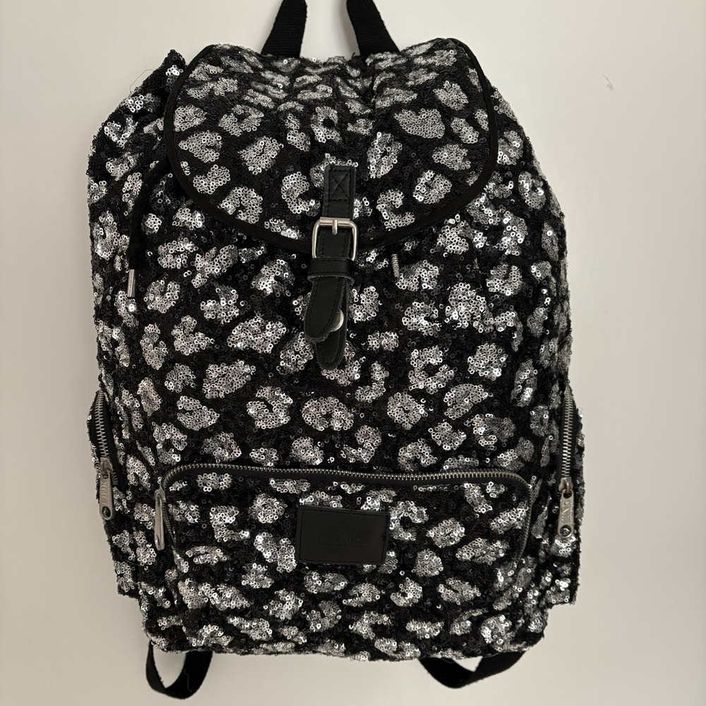 Victoria's Secret PINK BLACK LEOPARD CHEETAH FULL SEQUIN Bling Backpack Rare